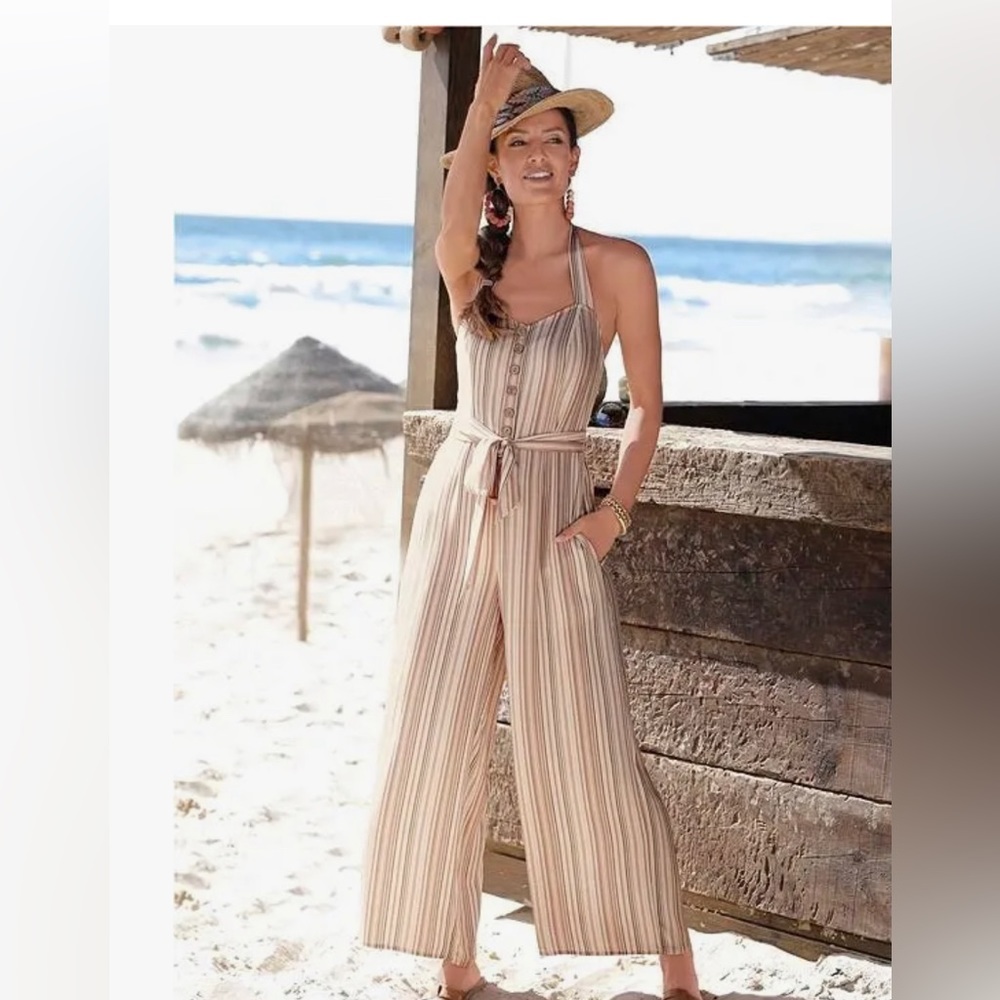Halter striped belted jumpsuit